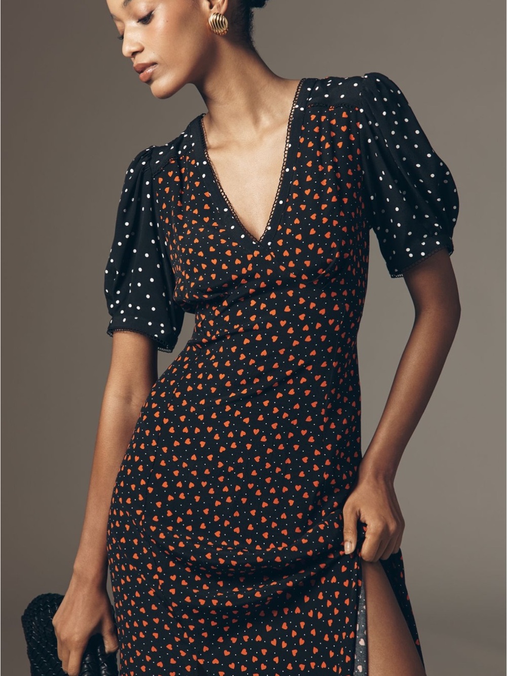 Black and Orange Heart-Print V-Neck Dress
